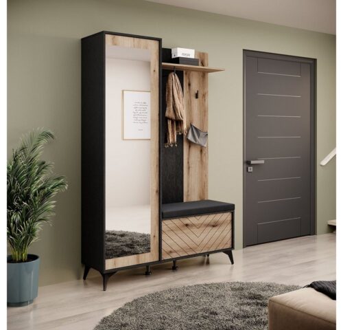 Lomadox Garderoben-Set DALE-160, (Spar-Set, 2-St), Flurmöbel Flurschrank Garderobenbank schwarz mit Eiche 134x197x39 cm