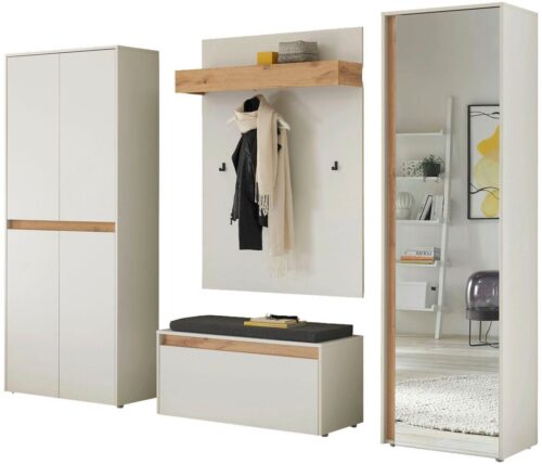 Home affaire Garderoben-Set City/Giron, moderne Garderobe, viel Stauraum, ca. 40 Schuhe, (Set, 4-St), enthält Schrank mit Spiegel, Schuhschrank, Paneel &Bank inkl. Kissen