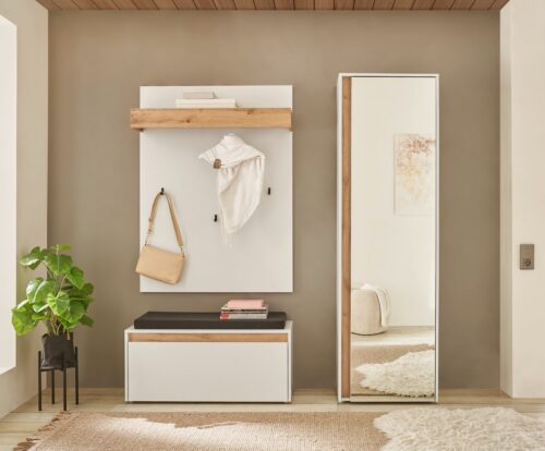 Home affaire Garderoben-Set GIRON/CiTY, moderne Garderobe, Komplettset mit viel Stauraum, (Komplett-Set, 3-St), enthält Garderobenschrank, Paneel, Schuhbank inkl. Sitzkissen