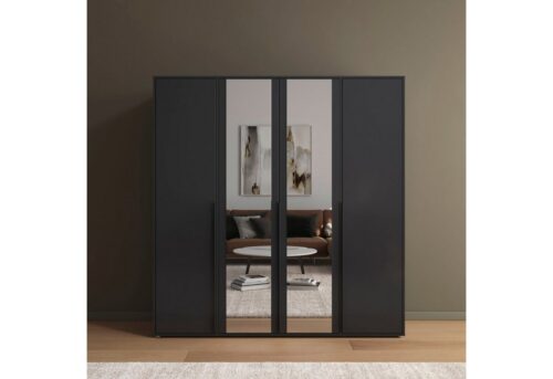 rauch Drehtürenschrank Kleiderschrank Schrank Garderobe Wäscheschrank NAGATA mit Spiegel (in 3 verschiedenen Ausstattungen BASIC/CLASSIC/PREMIUM) und modernen Stangengriffen in Graumetallic TOPSELLER MADE IN GERMANY