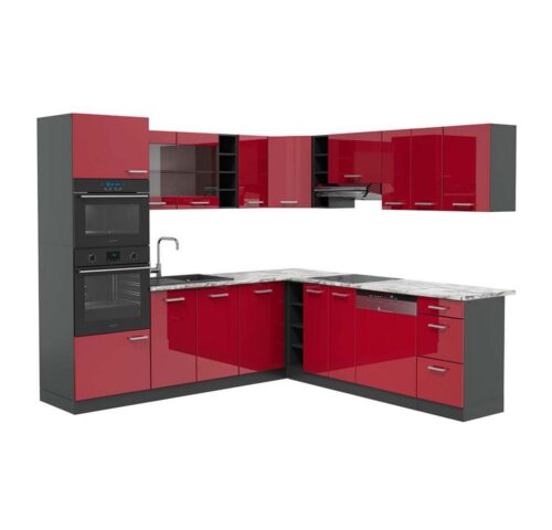 Vicco Winkelküche R-Line, Rot Hochglanz/Anthrazit/Anthrazit, 247 x 60 cm, AP Marmor