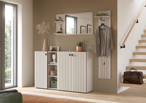 Home affaire Garderoben-Set TATIO, 3-tlg. Garderobenkombination, Breite: 201 cm, Rillenfräsung, (Set, 3-St., Set, best. aus: 1 Spiegel, 1 Garderobenpaneel, 1 Schuhkommode), Garderobenkombination, Kombi, Flur-Möbel, Spiegel, Kommode