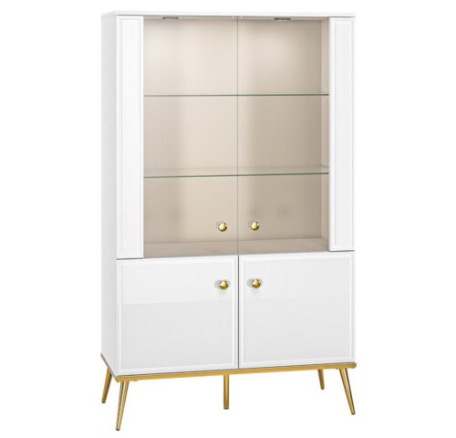 Lomadox Highboard GUBIN-131, weiß Hochglanz, goldfarbene Details, Vitrine mit Glas, 92/152/40 cm