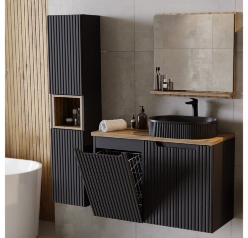Lomadox Badmöbel-Set NEWPORT-56-BLACK, (Spar-Set, 3-St., Hochschrank Spiegel Waschtisch), Badezimmermöbel, schwarz mit Eiche, gerillte Front, mit Wäschekorb
