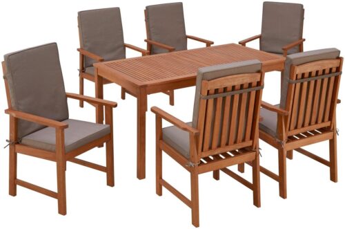 MERXX Garten-Essgruppe Montana, (13-tlg., 6x Sessel, inkl. Auflagen, 1x Tisch 150x80 cm), Eukalyptusholz, FSC® Mix
