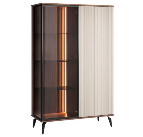 Lomadox Highboard VIC-160, Eiche Kaschmir Beige Rillen 103 cm Metallfüße Beleuchtung Push-to-open