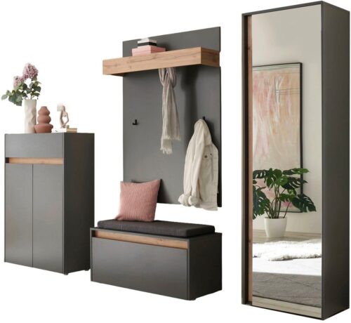 Home affaire Garderoben-Set City/Giron, moderne Garderobe, viel Stauraum, ca. 24 Schuhe, (Set, 4-St), enthält Schrank, Paneel, Schuhschrank & Garderobenbank mit Sitzkissen
