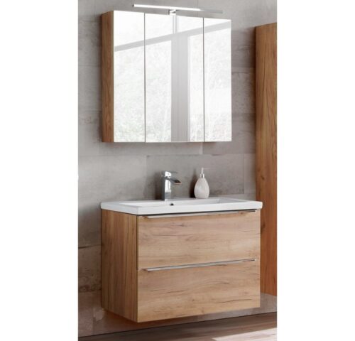 Lomadox Badmöbel-Set TOSKANA-56, (Spar-Set, 2-St), mit LED-Spiegelschrank 80cm Keramik-Waschtisch Wotaneiche 80/190/46cm