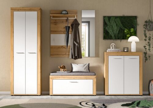 Home affaire Garderoben-Set AOSTA, TOPSELLER!, Breite 285cm, 6-teilige Garderobenkombination, (Set, 6-St., best. aus: Schrank, Sitzbank, Sitzkissen, Paneel, Spiegel & Kommode), Flurkombination, Kombination, Garderobe, Dielen-Set, Garderobenmöbel
