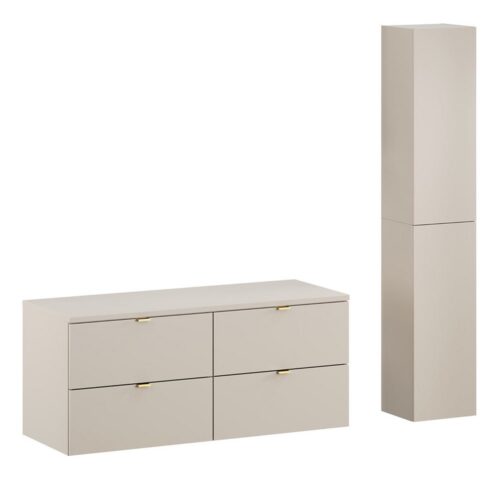 Lomadox Badmöbel-Set DURANGO-56, (Spar-Set, 2-St., Doppel-Waschtischunterschrank Hochschrank), Unterschrank 120cm breit, kaschmir, versch. Griffvarianten