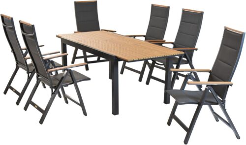 MERXX Garten-Essgruppe »Verona«, (Set, 7-tlg), Armlehnen, Rückenabschluss und Tischplatte aus Kunststoff in Holzoptik