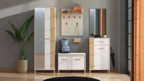 Home affaire Garderoben-Set Belfort, Breite 199 cm, im Kaschmir und Artisan-Eichendekor, (Set, 5-St), inkl. 2 Schränke, Sitzbank, Spiegel und Garderobenpaneel