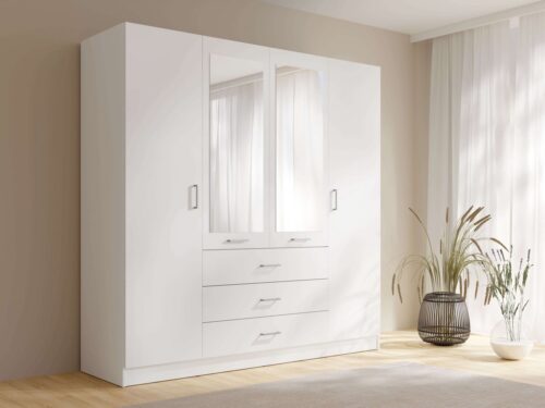 Home affaire Kleiderschrank KOS Garderobe mit 3 Schubladen, Kleiderstange, 8 Einlegeböden, Spiegel Wäscheschrank mit 4 Drehtüren, silber Griffen, Maße B/H/T 200/200/58cm