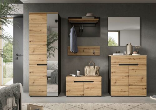 Home affaire Garderoben-Set Rehat, Garderobenkombination, Breite 255cm, (Set, 6-St., Garderobenschrank, Sitzbank, Paneel, Hakenleiste, Spiegel, Kommode), Garderobenkombination, Kombination, Set, Flurgarderobe, Diele