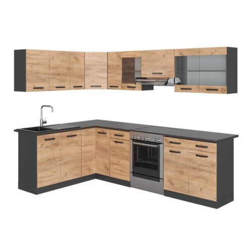 Vicco Winkelküche Rick, Anthrazit/Goldkraft Eiche, 267 x 167 cm, AP Schwarz