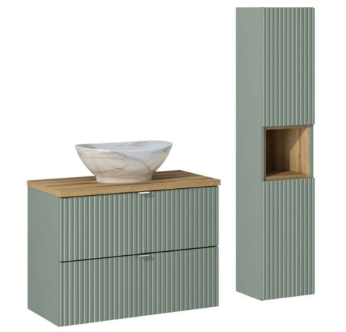 Lomadox Badmöbel-Set NEWPORT-56-GREEN, (Spar-Set, 2-St., Waschtisch Hochschrank), Hochschrank und 80cm Waschtisch mit Waschbecken, Schilfgrün mit Eiche