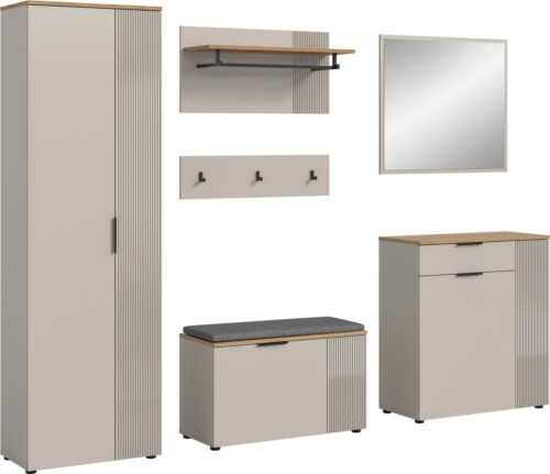 Home affaire Garderoben-Set EDIL, Breite 250 cm, 6-teilig, Front mit hochwertiger Längstfräsung, (Set, 6-St., Hochschrank, Sitzbank, Kissen, Paneel, Hakenleiste, Kommode & Spiegel), Garderobenkombination, Kombination, Set, Garderobe, Flurgarderobe