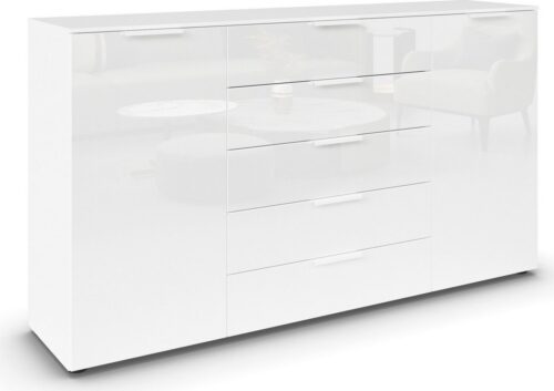 rauch Schubkastenkommode Kommode Türkommode Sideboard Kombikommode FLIPP mit Glasfront (Breite 160/180 cm mit 4 Einlegeböden), 2-trg mit 5 Schubladen und Soft-Close, 2 Breiten MADE IN GERMANY