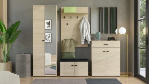 Home affaire Garderoben-Set Rathlin Flurmöbel, Dielenmöbel, Flurschrank, Flurgarderobe, (5-St., 5tlg), inkl. 2 Schränke, Sitzbank mit Kissen, Garderobenpaneele und Spiegel