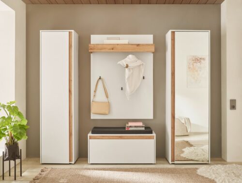 Home affaire Garderoben-Set GIRON/CiTY, moderne Garderobe, Komplettset mit viel Stauraum, (Komplett-Set, 4-St), enthält Garderobenschränke, Paneel & Schuhbank +Sitzkissen