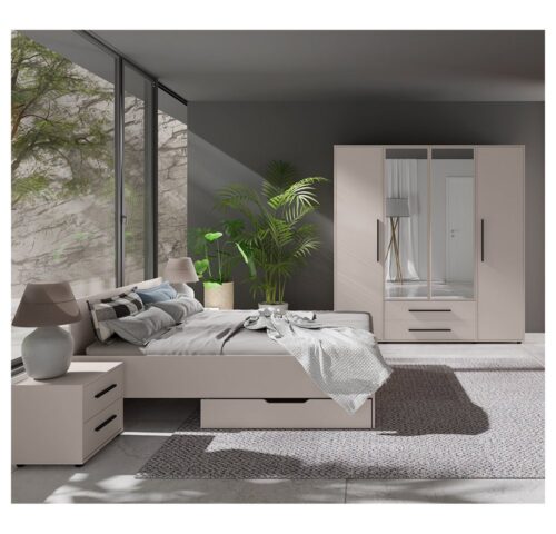 Lomadox Schlafzimmer-Set MOLLERUSA-132, (Spar-Set, 6-tlg., Bett Kleiderschrank Bettschubkästen Nachttische), in kaschmir mit schwarzen Griffen, Liegefläche 160x200 cm