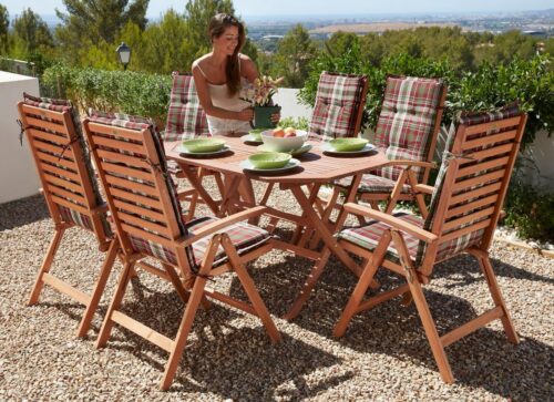 MERXX Garten-Essgruppe Borkum, TOPSELLER!, (13-tlg., 6x Sessel, inkl. Sitz- und Rückenkissen, 1x Klapptisch 135x85 cm), Eukalyptusholz, FSC® Mix, geeignet für 6 Personen