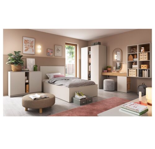 Lomadox Jugendzimmer-Set FIER-129, (Sparset, 7-tlg., Sideboard Bett Kleiderschrank Schreibtisch Regale), in Kaschmir mit Eiche Nb., 7-teilig, grifflos, 140x200cm Liegefläche