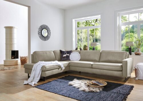 Home affaire Ecksofa Pinto, 290 cm, Cord, Chenille, Lederoptik, Ottomane links / rechts, mit Keder, schwarze Metallfüße, Wellenunterfederung