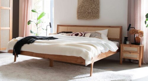 Home affaire Bett Hällevik Doppelbett, Massivholzbett, Massive FSC®-zertifizierte Eiche geölt, Kopfteil mit Wiener Geflecht