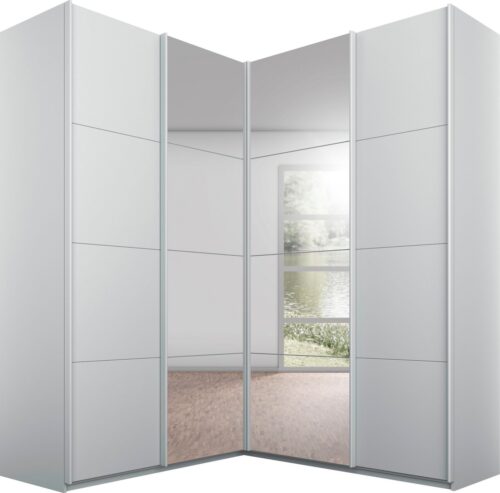 rauch Schwebetürenschrank Schrank Garderobe Eckkleiderschrank QUADRA Front in Dekor/Hochglanz (Maß 181x187 cm, Höhen 210/229 cm, inkl. Soft-Close-Funktion) extra großer Eckschrank inkl. Schubladeneinsatz MADE IN GERMANY