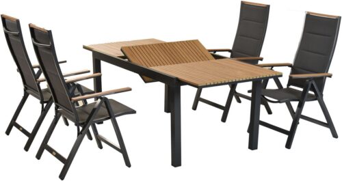 MERXX Garten-Essgruppe »Verona«, (Set, 5-tlg), Armlehnen, Rückenabschluss und Tischplatte aus Kunststoff in Holzoptik