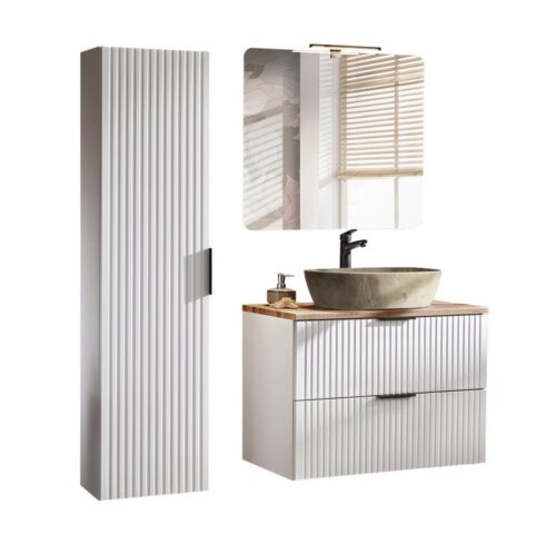 Lomadox Badmöbel-Set ADELAIDE-56-WHITE, (Spar-Set, 3-St), matt weiß LED-Spiegel & 80cm Waschtisch mit Keramikbecken Hochschrank