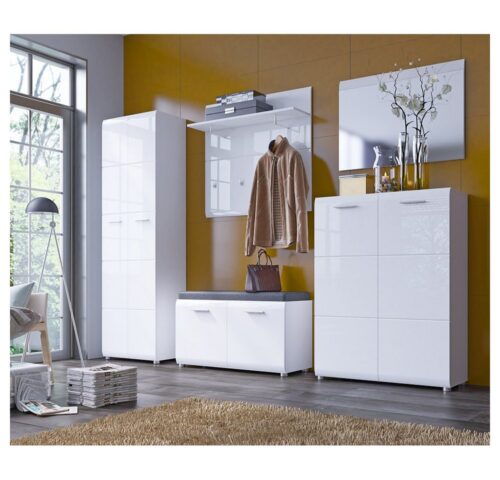 Lomadox Garderoben-Set MALABO-129, (Spar-Set, 5-St), mit Spiegel und Schuhbank in weiß Hochglanz