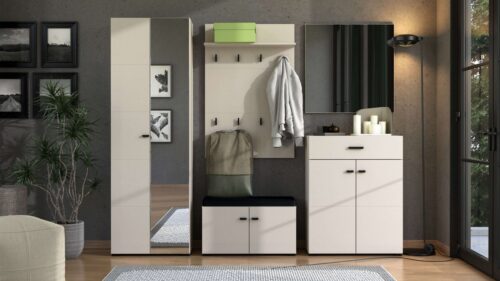 Home affaire Garderoben-Set Rathlin Flurmöbel, Dielenmöbel, Flurschrank, Flurgarderobe, (5-St., 5tlg), inkl. 2 Schränke, Sitzbank mit Kissen, Garderobenpaneele und Spiegel