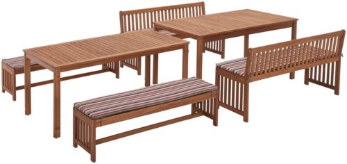 MERXX Garten-Essgruppe Hawaii, (4x Bänke, 2x Tische, 4x Sitzkissen), Akazienholz FSC® 100 %