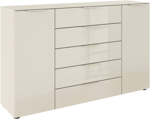 rauch Schubkastenkommode Kommode Türkommode Sideboard Kombikommode FLIPP mit Glasfront (Breite 160/180 cm mit 4 Einlegeböden), 2-türig, 5 Schubladen, Soft-Close, Oberboden und Front Glas, 2 Breiten