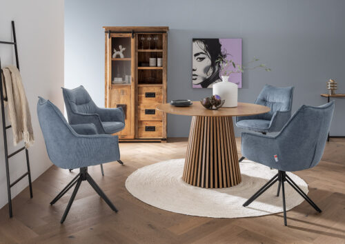 Esszimer Set Ginosa blau & Tisch Oria natur rund 120cm