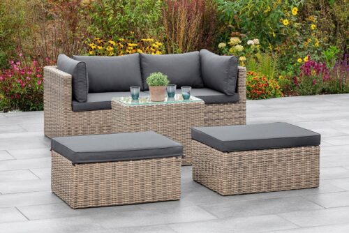 MERXX Garten-Essgruppe Licosa, (5-tlg), 2 Sessel, 2 Hocker, Tisch, mit Auflagen, naturgrau