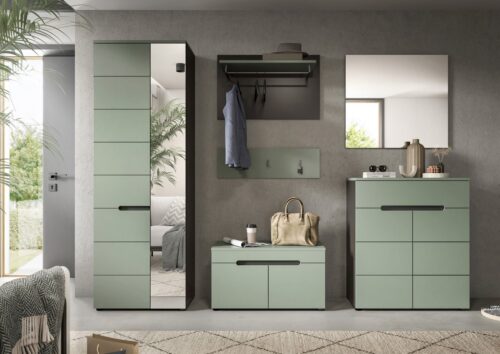Home affaire Garderoben-Set Rehat, Garderobenkombination, Breite 255cm, (Set, 6-St., Garderobenschrank, Sitzbank, Paneel, Hakenleiste, Spiegel, Kommode), Garderobenkombination, Kombination, Set, Flurgarderobe, Diele
