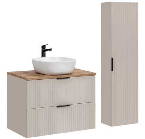 Lomadox Badmöbel-Set ADELAIDE-56-CASHMERE, (Spar-Set, 2-St., Waschtisch Hochschrank Keramikwaschbecken), 80cm Waschtisch, kaschmir und Eiche mit gerillter Front