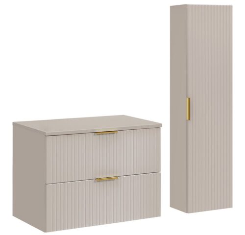Lomadox Badmöbel-Set ADELAIDE-56-CASHMERE, (Spar-Set, 2-St., Waschtisch Hochschrank), 80cm Waschtisch, kaschmir mit gerillter Front