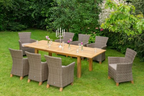 MERXX Garten-Essgruppe Toskana, (17-tlg., 8x Sessel, 1x Doppelausziehtisch 180(220/260)x100 cm, inkl. Sitzkissen), Aluminium, Polyrattan, Akazienholz FSC 100 %, geeignet für 8 Personen