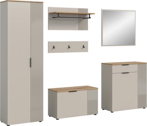 Home affaire Garderoben-Set EDIL, Breite 250 cm, 6-teilig, Front mit hochwertiger Längstfräsung, (Set, 5-St., Hochschrank, Sitzbank, Paneel, Hakenleiste, Kommode & Spiegel), Garderobenkombination, Kombination, Set, Garderobe, Flurgarderobe