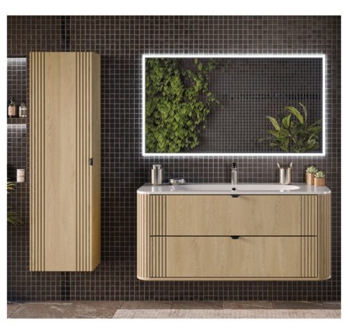 Lomadox Badmöbel-Set OLIVA-56, (Spar-Set, 3-St., Waschtisch Hochschrank), Eiche Rillen Keramik Waschbecken Metallgriffe modern LED Beleuchtung