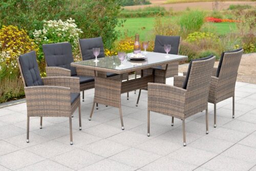 MERXX Garten-Essgruppe Menorca, (Set, 19-tlg), 6 Sessel, 6 Sitzkissen, 6 Rückenkissen, Tisch