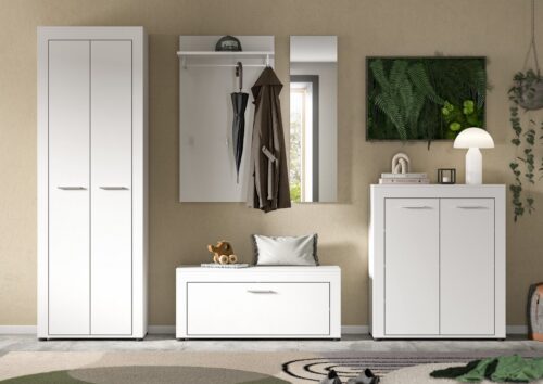 Home affaire Garderoben-Set AOSTA, TOPSELLER!, Breite 285cm, 5-teilige Garderobenkombination, (Set, 5-St., bestehend aus: Garderobenschrank, Sitzbank, Paneel, Spiegel & Kommode), Flurkombination, Kombination, Garderobe, Dielen-Set, Garderobenmöbel