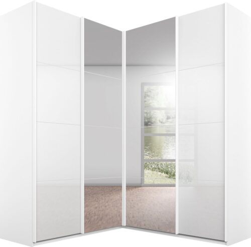 rauch Schwebetürenschrank Schrank Garderobe Eckkleiderschrank QUADRA Front in Dekor/Hochglanz (Maß 181x187 cm, Höhen 210/229 cm, inkl. Soft-Close-Funktion) extra großer Eckschrank inkl. Schubladeneinsatz MADE IN GERMANY