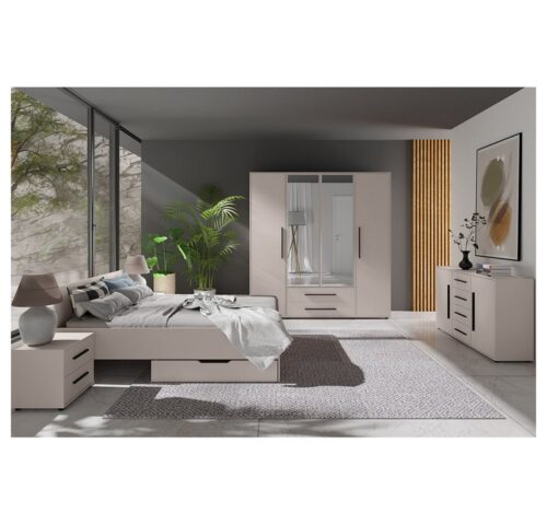 Lomadox Schlafzimmer-Set MOLLERUSA-132, (Spar-Set, 7-tlg., Bett Kleiderschrank Sideboard Bettschubkästen Nachttische), in kaschmir mit schwarzen Griffen, Liegefläche 160x200 cm