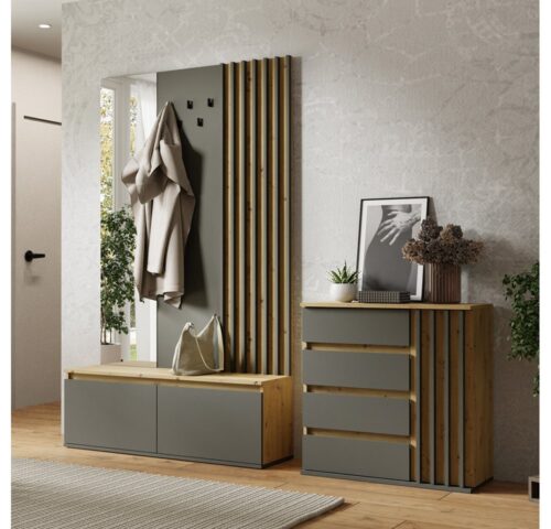 Lomadox Garderoben-Set DAVIS-166, (Spar-Set, 2-St., Kommode Garderoben Kombination), Eiche graphit Lamellen-Design grifflos modern