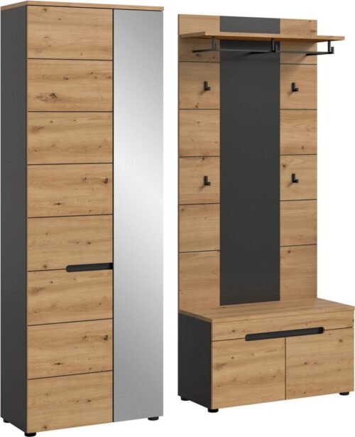 Home affaire Garderoben-Set REHAT, TOPSELLER!, 3-teilig, Breite 160 cm, individuell erweiterbar, (Set, 3-St., bestehend aus: Garderobenschrank, Sitzbank und Paneel), Garderobenkombination, Kombination, Set, Flurgarderobe, Diele